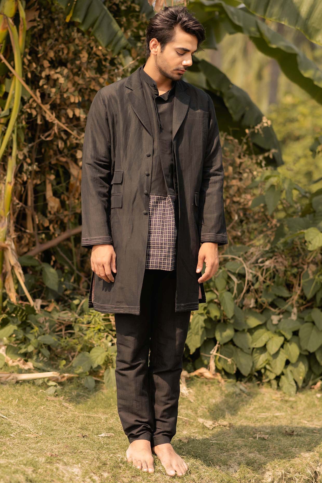 Black Linen Cotton Trench Coat by VAANI BESWAL MEN at Pernia s Pop Up Shop 2024