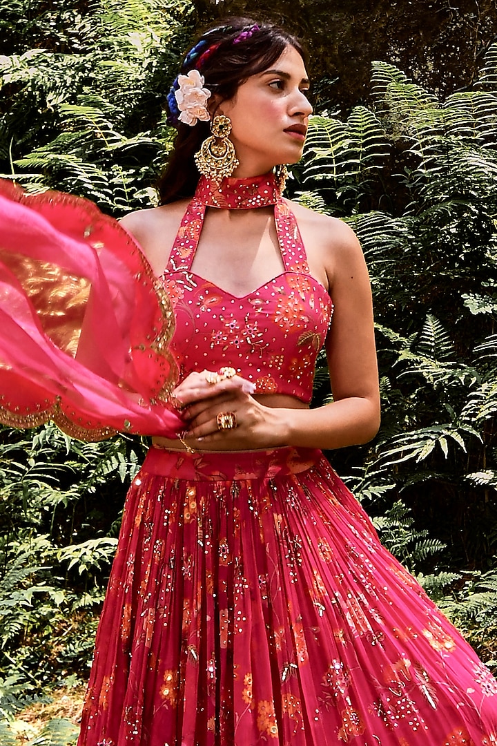 Rani Pink Organza Printed Wedding Lehenga Set by Paulmi & Harsh at Pernia's Pop Up Shop