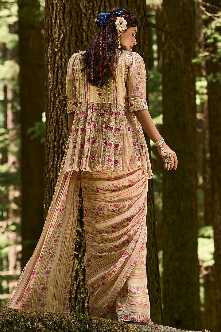 Off-White Georgette Printed Pre-Draped Wedding Saree Set by Paulmi & Harsh at Pernia's Pop Up Shop