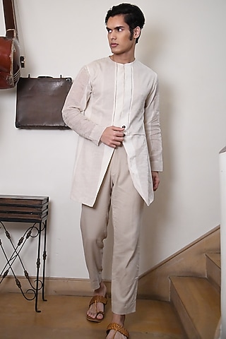 Snow White Handwoven Jacket by VAANI BESWAL MEN