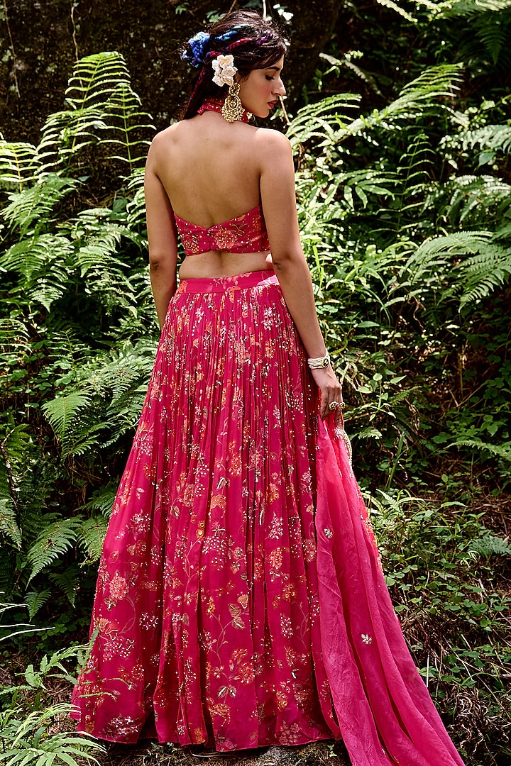 Rani Pink Organza Printed Wedding Lehenga Set by Paulmi & Harsh at Pernia's Pop Up Shop
