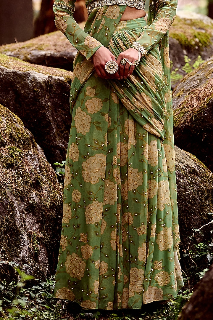 Fern Green Georgette Rose Printed Pre-Draped Wedding Saree Set by Paulmi & Harsh at Pernia's Pop Up Shop