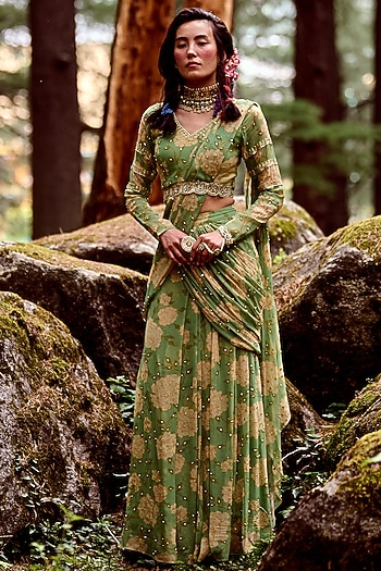 Fern Green Georgette Rose Printed Pre-Draped Wedding Saree Set by Paulmi & Harsh at Pernia's Pop Up Shop