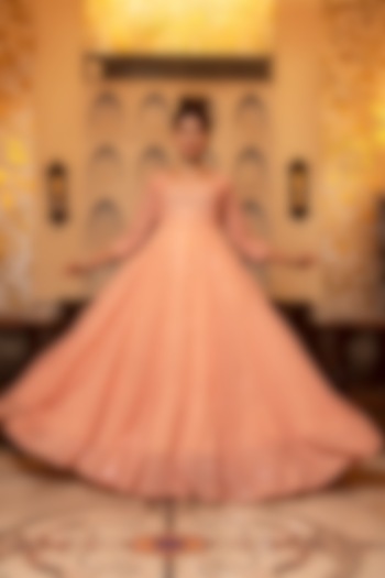 Peach Georgette Embroidered Anarkali Set by Calmna at Pernia's Pop Up Shop