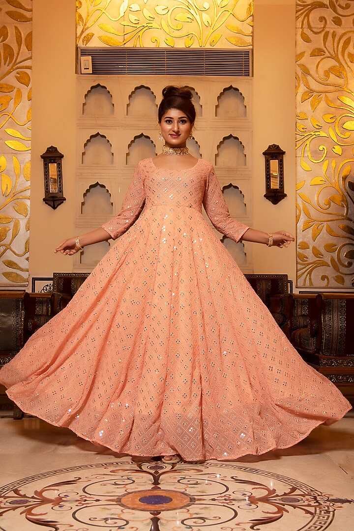 Peach Georgette Embroidered Anarkali Set by Calmna at Pernia's Pop Up Shop