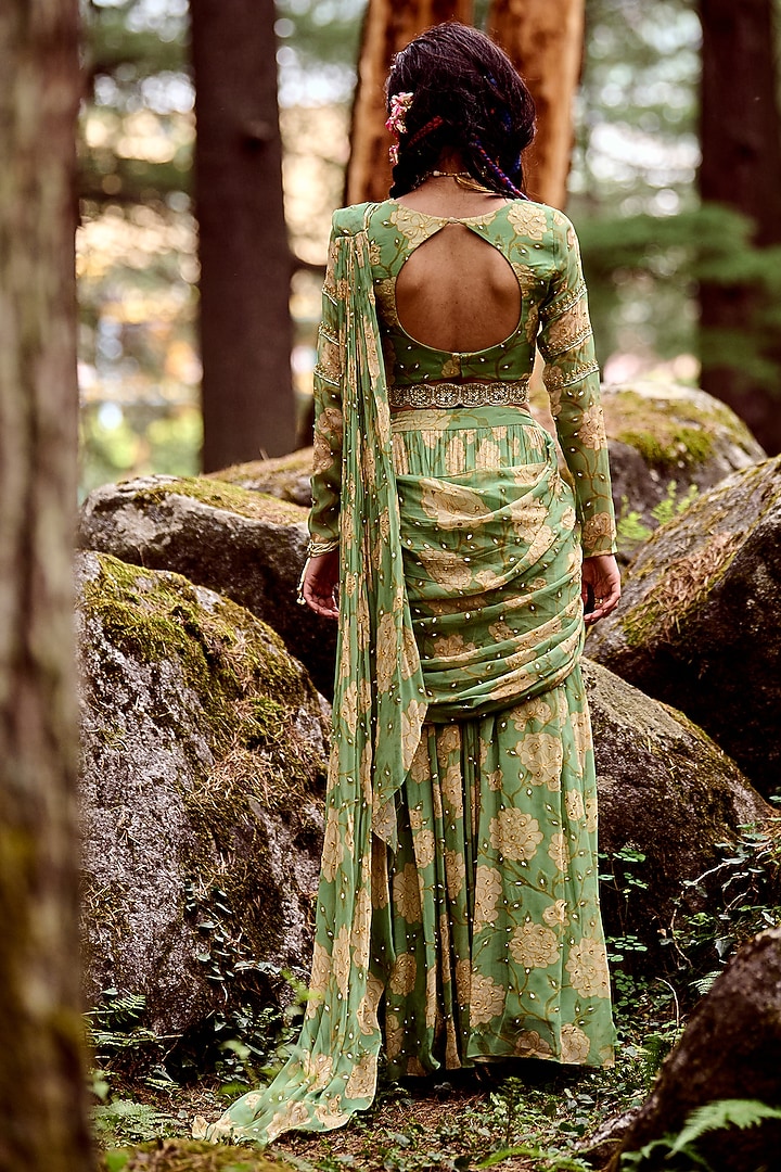 Fern Green Georgette Rose Printed Pre-Draped Wedding Saree Set by Paulmi & Harsh at Pernia's Pop Up Shop