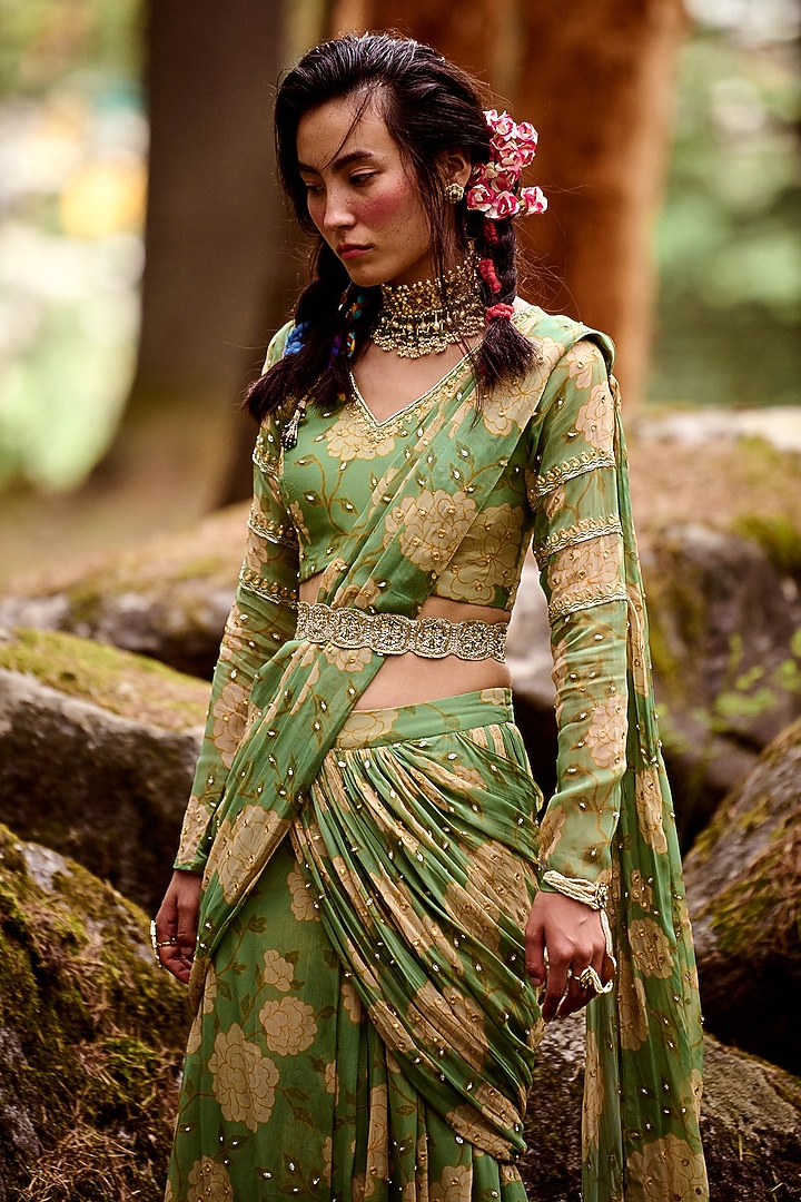 Fern Green Georgette Rose Printed Pre-Draped Wedding Saree Set by Paulmi & Harsh at Pernia's Pop Up Shop