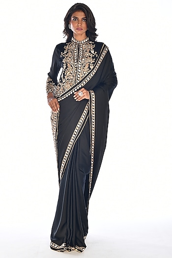 Black Satin Georgette Zardosi Hand Embroidered Wedding Saree Set by Isadaa by Rotna Dutt at Pernia's Pop Up Shop