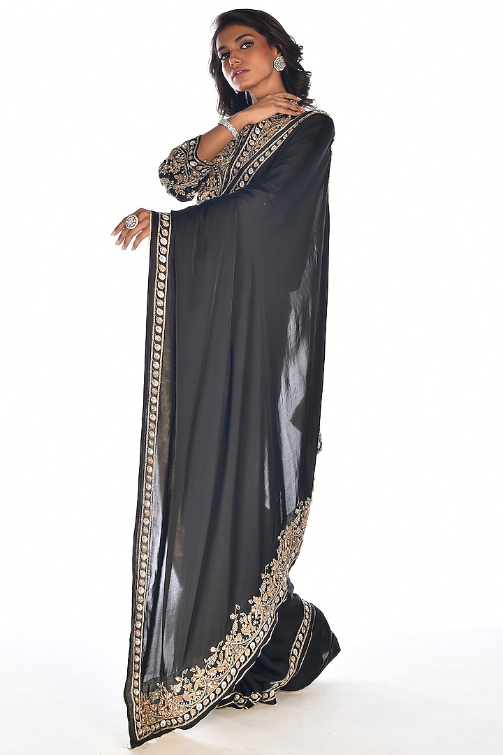 Black Satin Georgette Zardosi Hand Embroidered Wedding Saree Set by Isadaa by Rotna Dutt at Pernia's Pop Up Shop