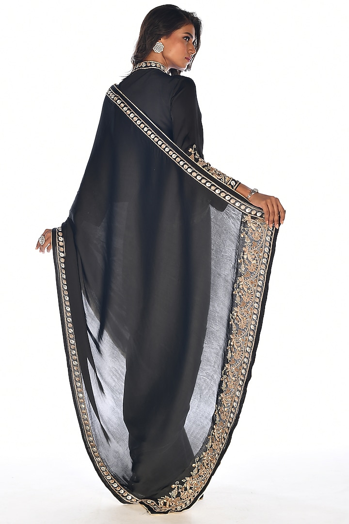 Black Satin Georgette Zardosi Hand Embroidered Wedding Saree Set by Isadaa by Rotna Dutt at Pernia's Pop Up Shop