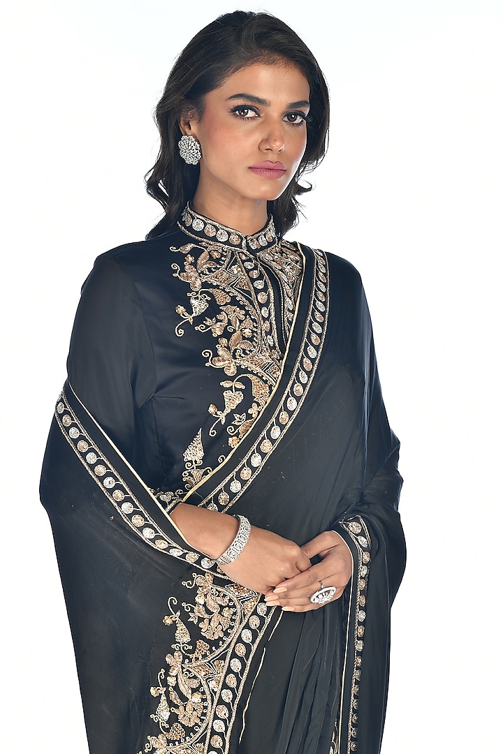 Black Satin Georgette Zardosi Hand Embroidered Wedding Saree Set by Isadaa by Rotna Dutt at Pernia's Pop Up Shop