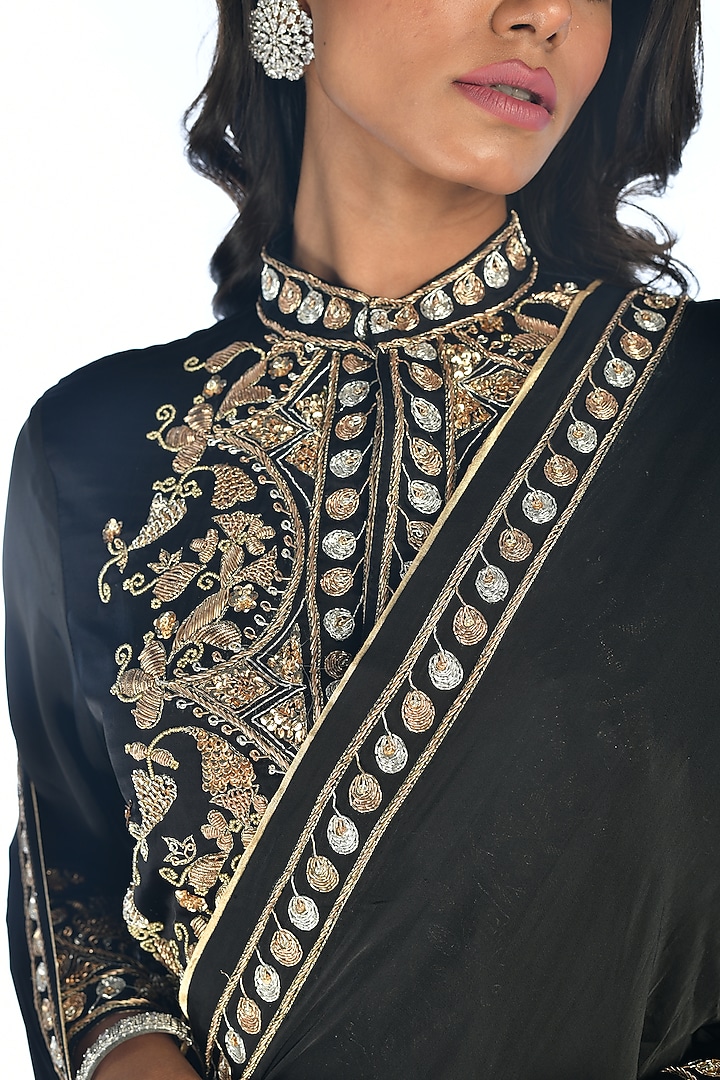 Black Satin Georgette Zardosi Hand Embroidered Wedding Saree Set by Isadaa by Rotna Dutt at Pernia's Pop Up Shop