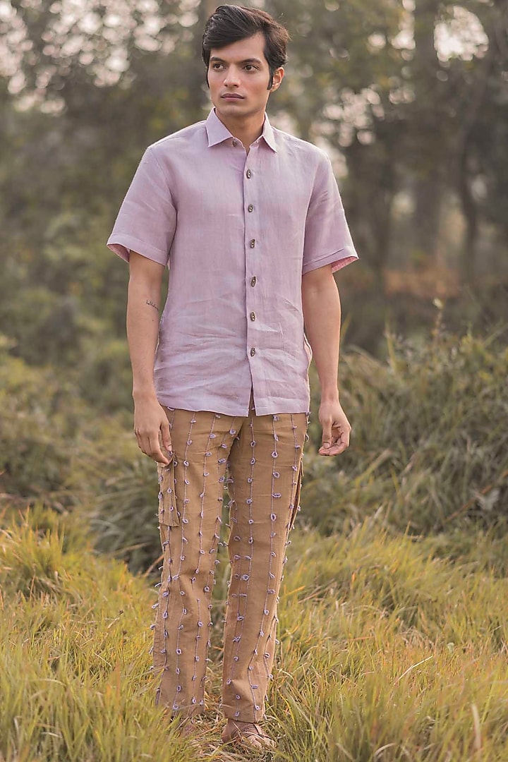 Biscuit Beige Textured Trousers by VAANI BESWAL MEN