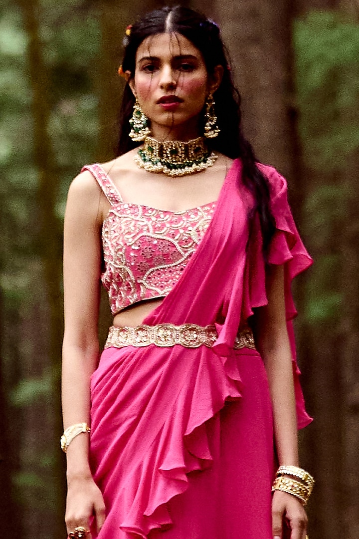 Rani Pink Georgette Pre-Draped Wedding Saree Set by Paulmi & Harsh at Pernia's Pop Up Shop