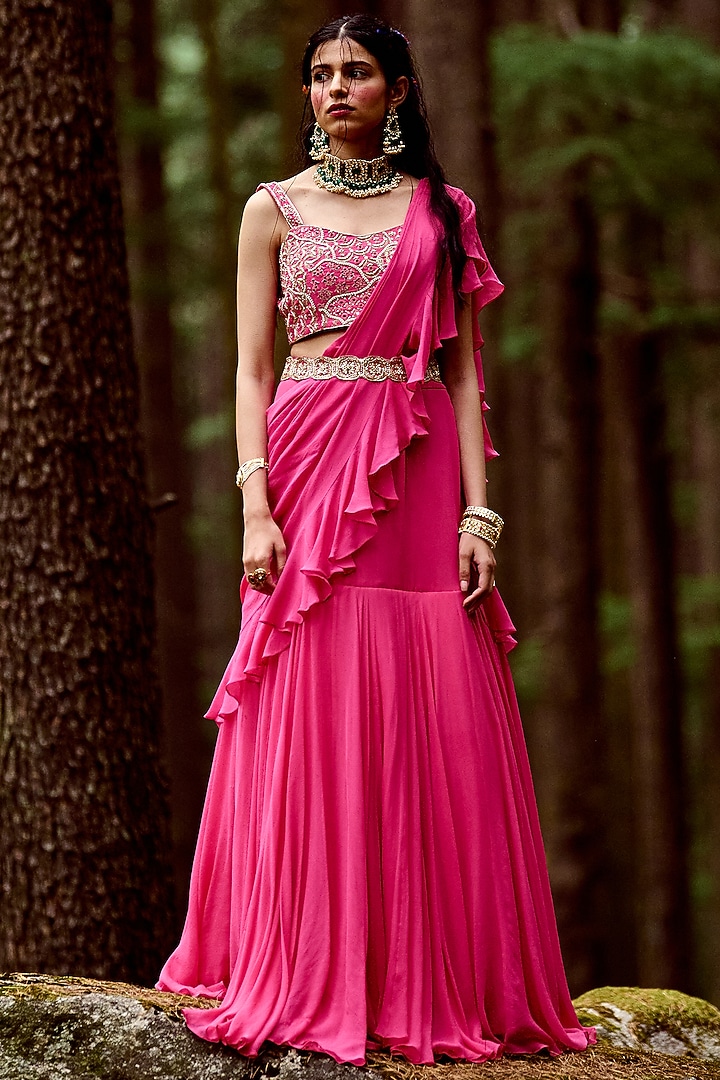 Rani Pink Georgette Pre-Draped Wedding Saree Set by Paulmi & Harsh at Pernia's Pop Up Shop