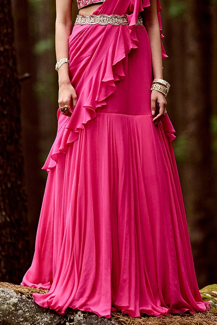 Rani Pink Georgette Pre-Draped Wedding Saree Set by Paulmi & Harsh at Pernia's Pop Up Shop
