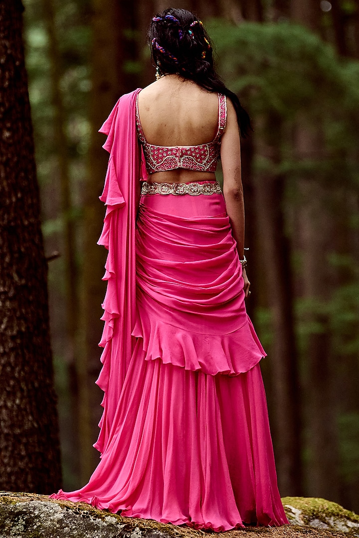Rani Pink Georgette Pre-Draped Wedding Saree Set by Paulmi & Harsh at Pernia's Pop Up Shop