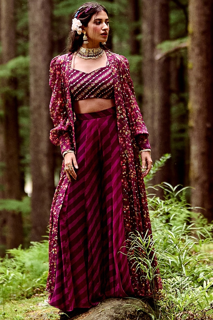 Grape Purple Embellished Jacket Set by Paulmi & Harsh at Pernia's Pop Up Shop