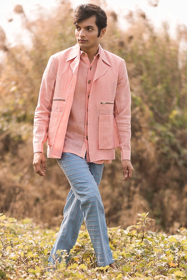 Rogue Pink Handwoven Linen Jacket by VAANI BESWAL MEN
