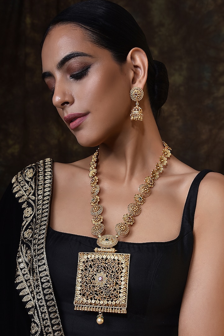 Gold Finish Long Temple Necklace Set by Swabhimann Jewellery