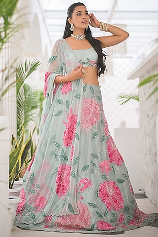 Aqua Blue Silk & Tissue Mirror Work Lehenga Set by Charu & Vasundhara