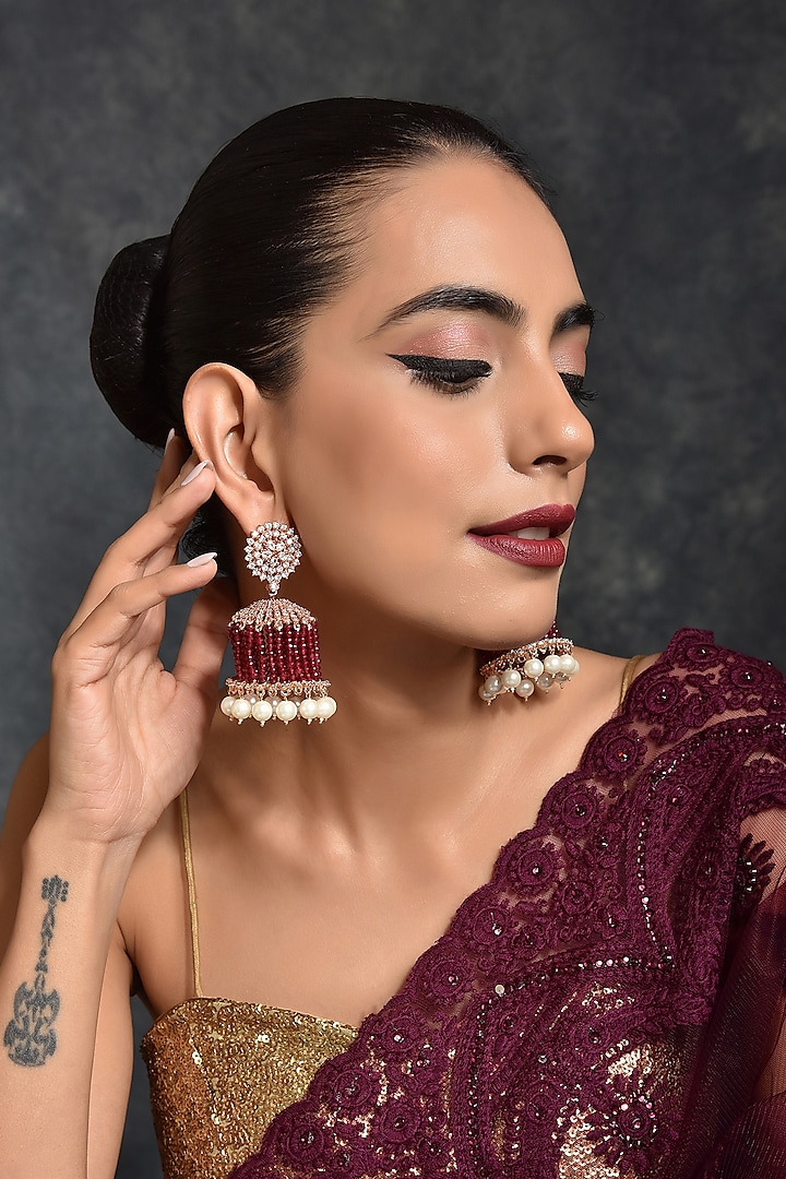 Rose Gold Finish Jhumka Earrings by Swabhimann Jewellery