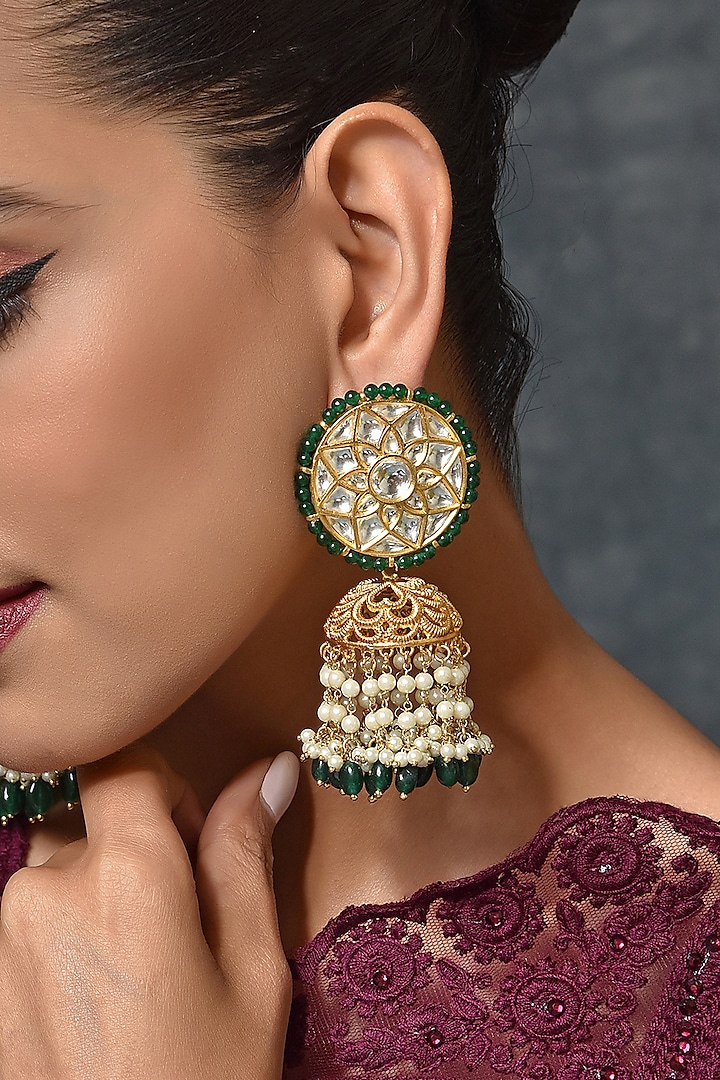 Gold Finish Beaded Jhumka Earrings by Swabhimann Jewellery at Pernia's Pop Up Shop