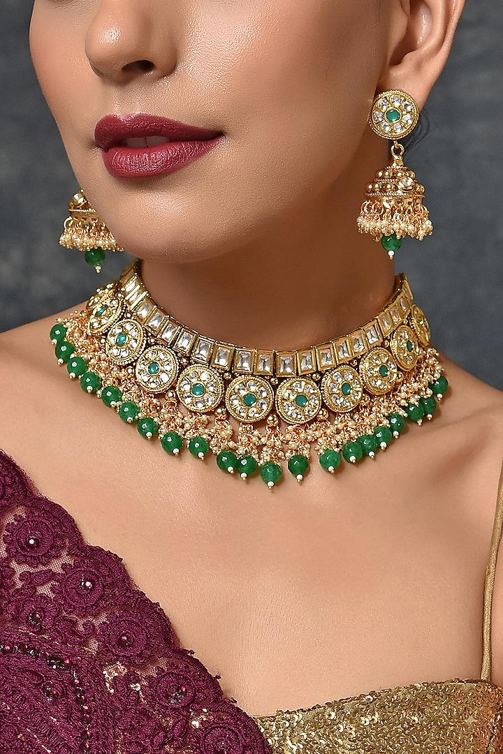 Gold Finish Handcrafted Necklace Set With Tumble Stones by Swabhimann Jewellery