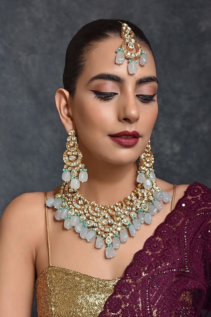 Gold Finish Bridal Necklace Set With Kundan Polki by Swabhimann Jewellery at Pernia's Pop Up Shop