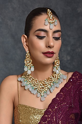 Gold Finish Bridal Necklace Set With Kundan Polki by Swabhimann Jewellery