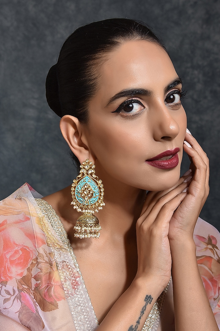 Gold Finish Enameled Jhumka Earrings by Swabhimann Jewellery at Pernia's Pop Up Shop