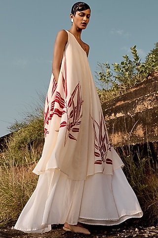 Off-White Mul Lino Printed Dress by Khara Kapas