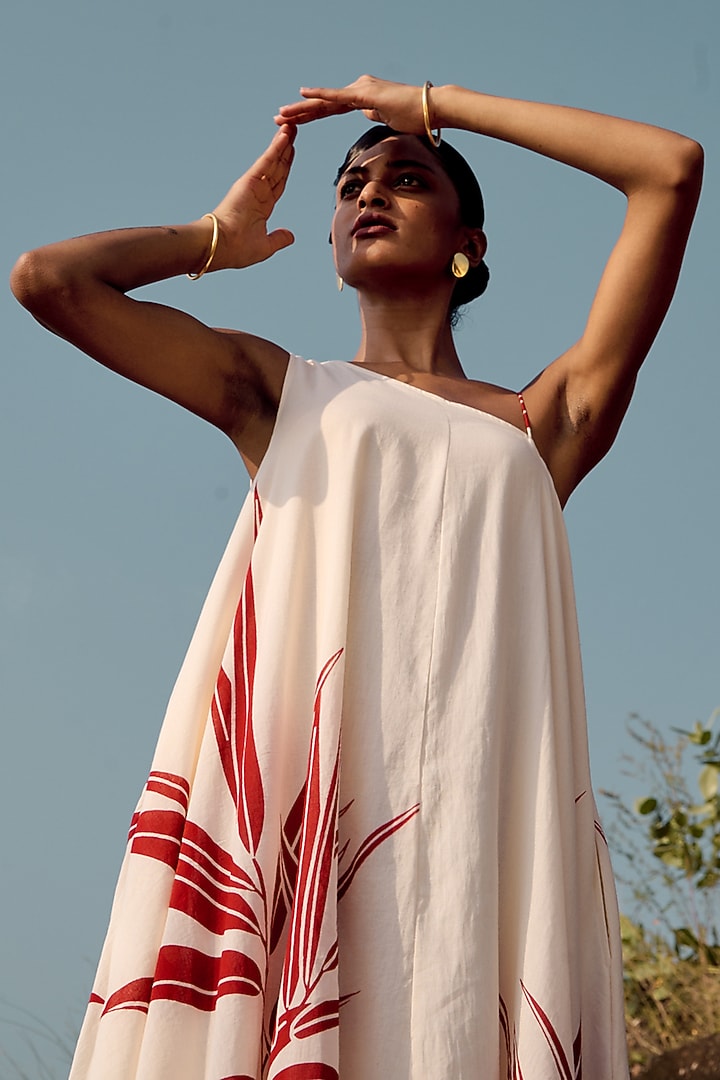 Off-White Mul Lino Printed Summer Dress by Khara Kapas at Pernia's Pop Up Shop