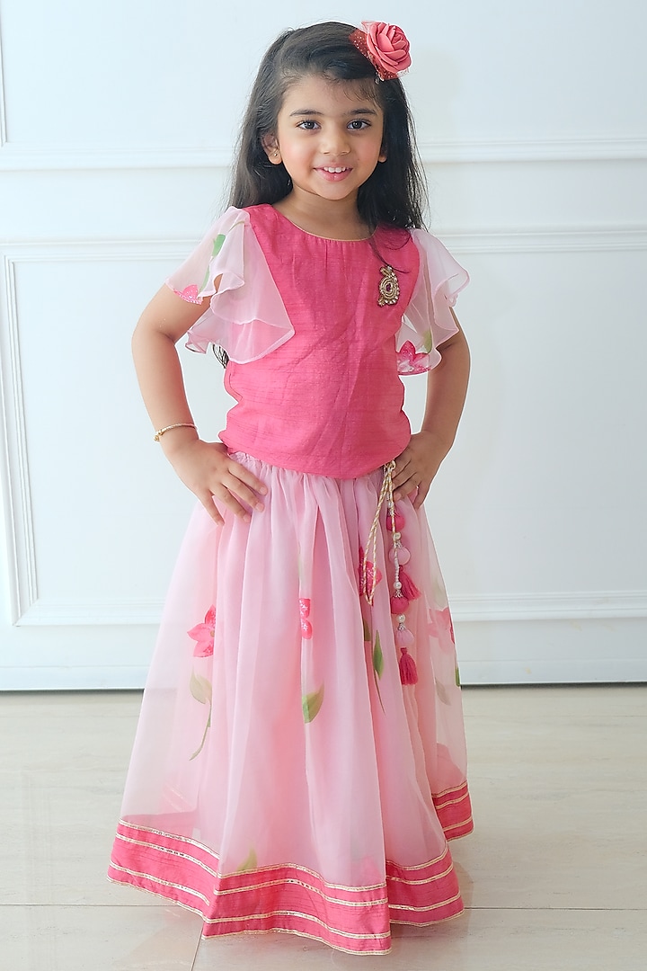 Blush Pink Organza Floral Hand-Painted Lehenga Set For Girls by Pankhuri by Priyanka - Kids at Pernia's Pop Up Shop