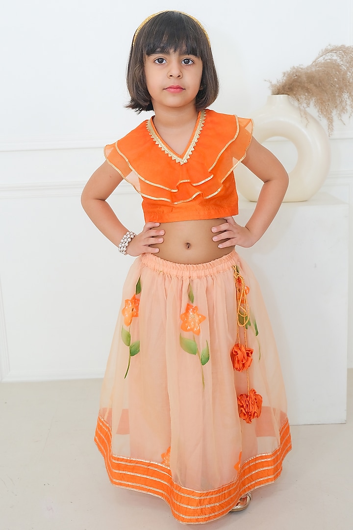 Orange Organza Hand-Painted Lehenga Set For Girls by Pankhuri by Priyanka - Kids at Pernia's Pop Up Shop