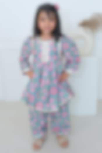 Turquoise Silk Floral Print & Gota Lace Embellished Kurta Set For Girls by Pankhuri by Priyanka - Kids at Pernia's Pop Up Shop