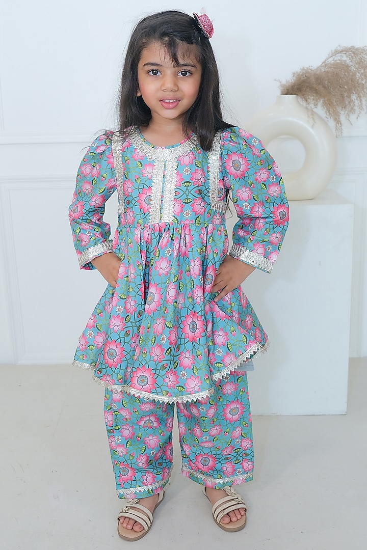 Turquoise Silk Floral Print & Gota Lace Embellished Kurta Set For Girls by Pankhuri by Priyanka - Kids at Pernia's Pop Up Shop