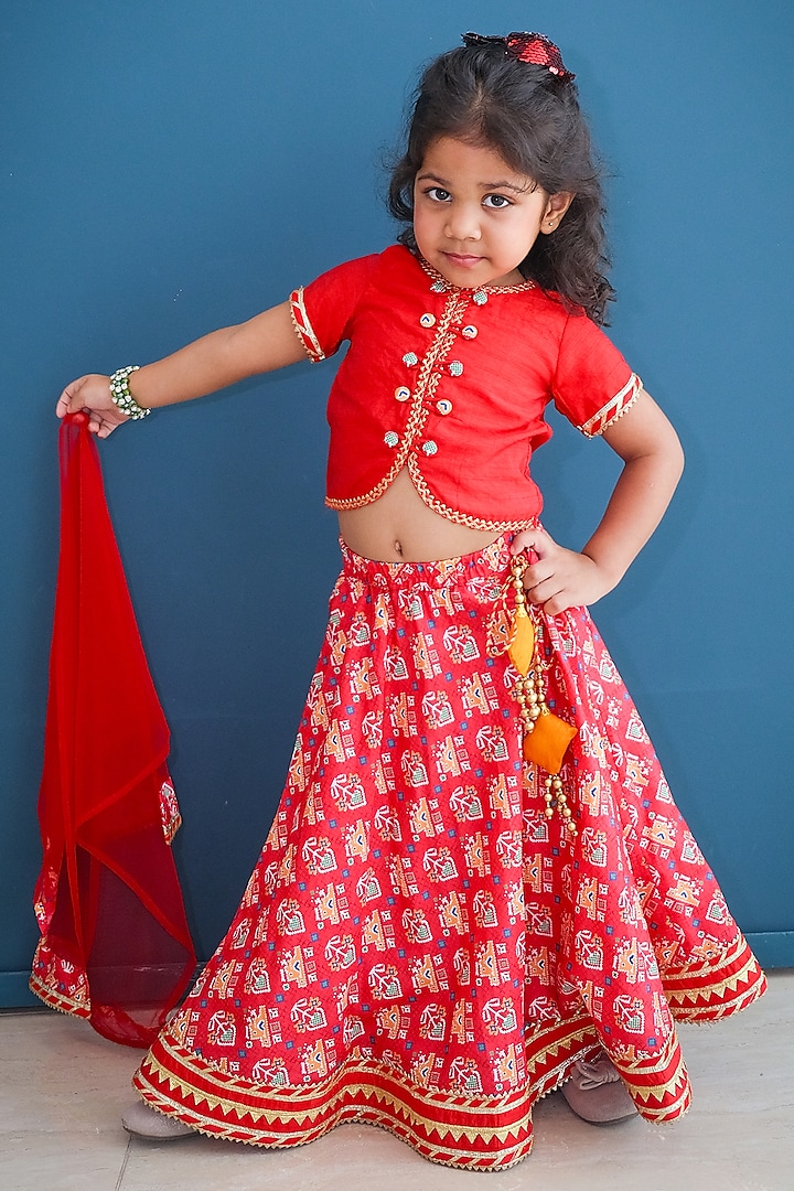 Red Printed Lehenga Set For Girls by Pankhuri by Priyanka - Kids at Pernia's Pop Up Shop