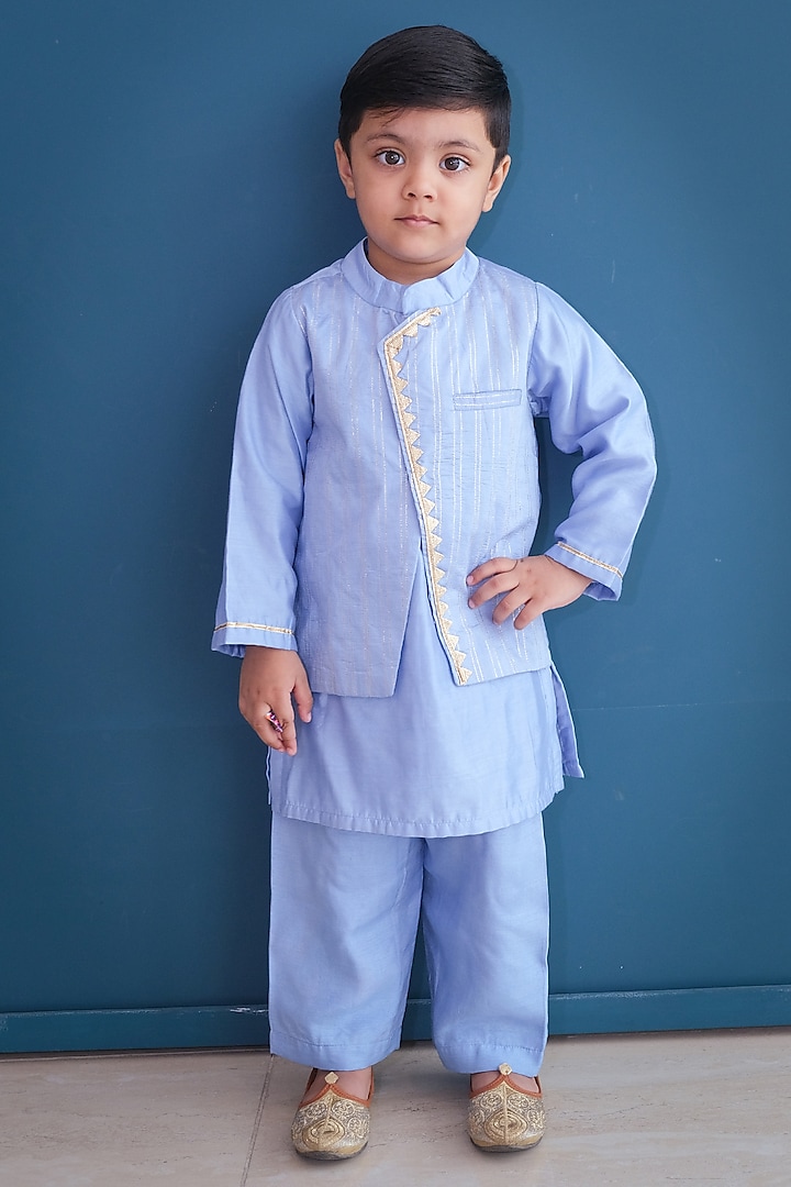 Ice Blue Chanderi Zari Embroidered & Geometric Printed Kurta Set For Boys by Pankhuri by Priyanka - Kids