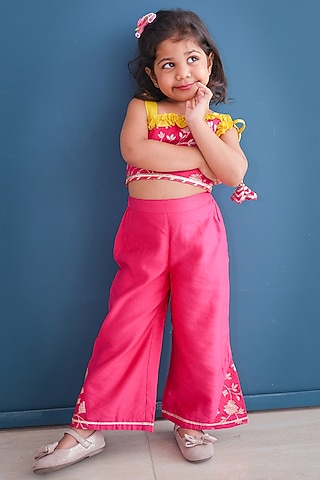 Fuchsia Zari Chanderi Blend Embroidered Palazzo Pant Set For Girls by Pankhuri by Priyanka - Kids