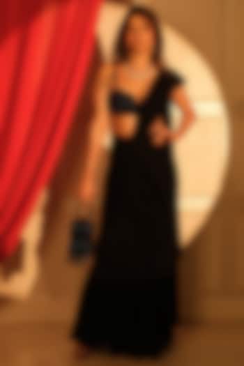 Black Royal Georgette Draped Saree Set by Mandira Wirk