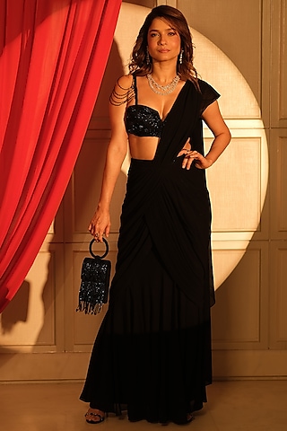 Black Royal Georgette Draped Saree Set by Mandira Wirk - Indian