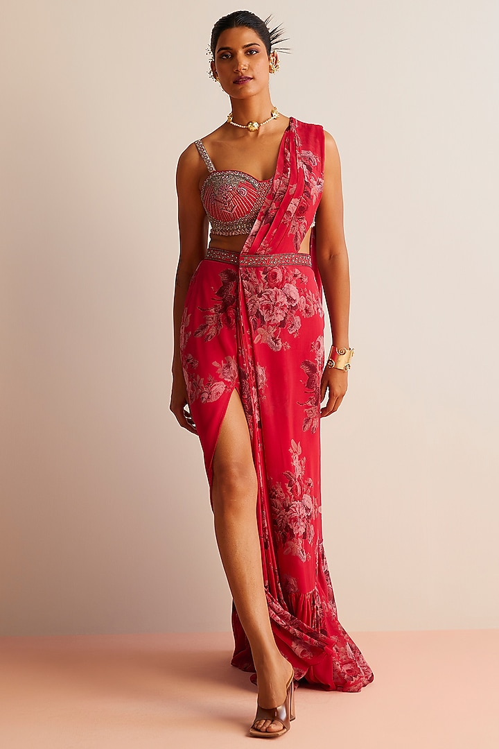 Red Viscose Georgette Printed Pre-Draped Saree Set by Kalista