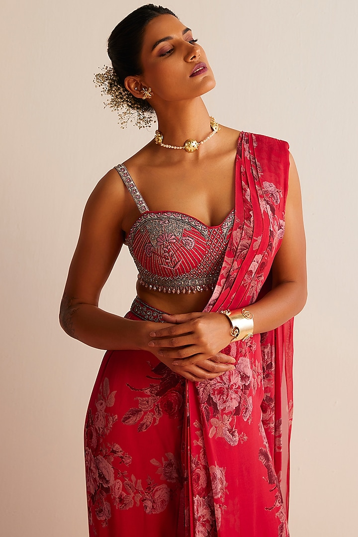 Red Viscose Georgette Printed Pre-Draped Wedding Saree Set by Kalista at Pernia's Pop Up Shop