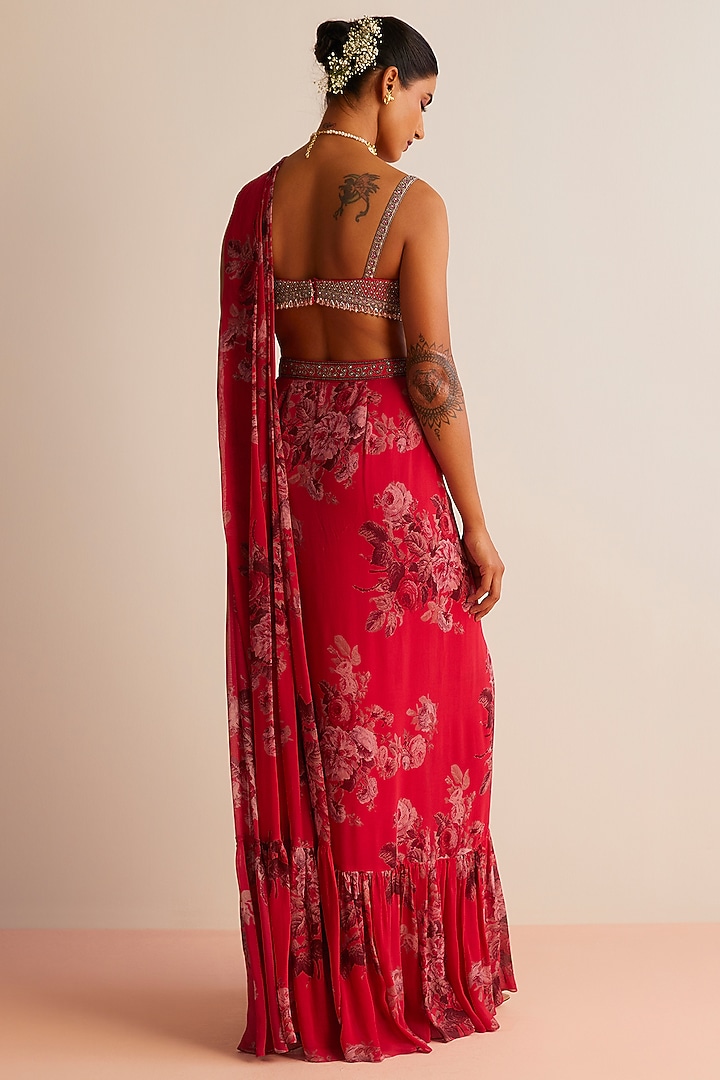 Red Viscose Georgette Printed Pre-Draped Wedding Saree Set by Kalista at Pernia's Pop Up Shop
