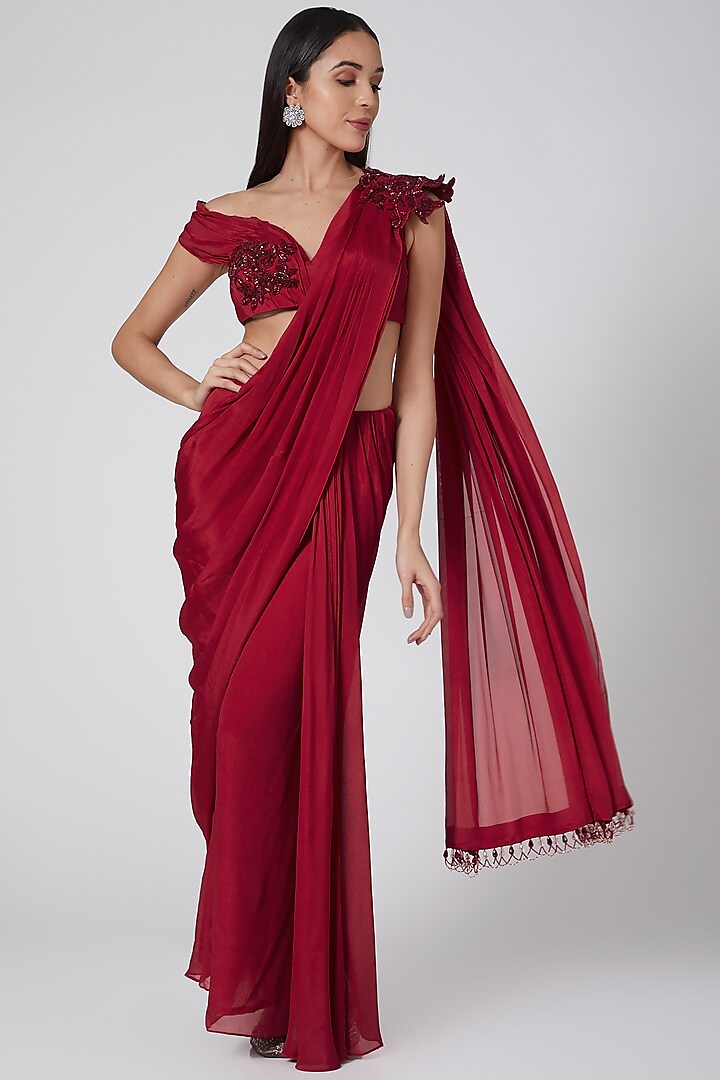 Red Pre Stitched Embroidered Saree Set by Dheeru Taneja