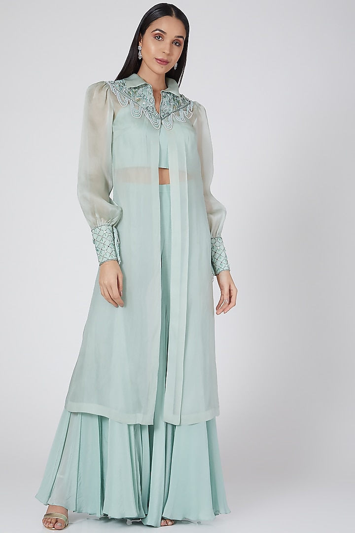 Mint Green Embroidered Cape Set by Dheeru Taneja