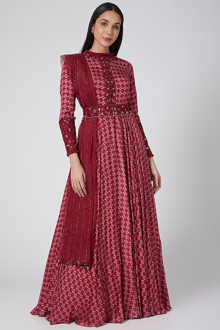 Red Printed & Embroidered Anarkali With Dupatta by Dheeru Taneja