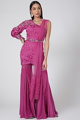 Purple Embroidered Sharara Set by Dheeru Taneja