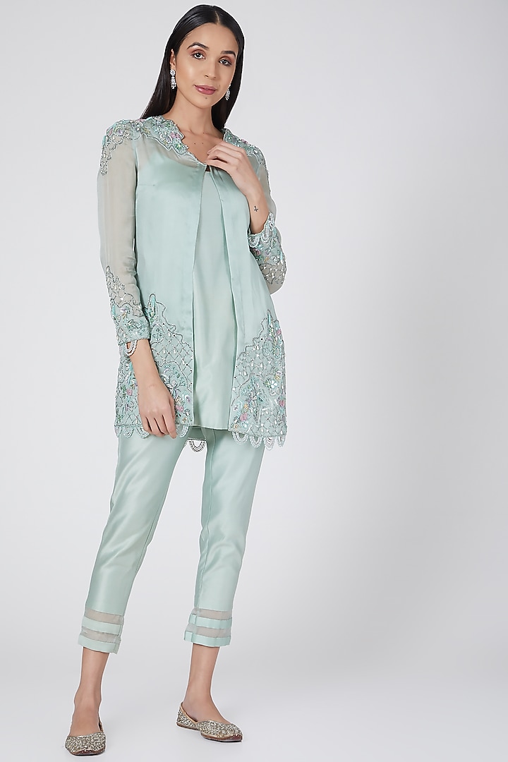 Mint Green Embroidered Pants Set by Dheeru Taneja